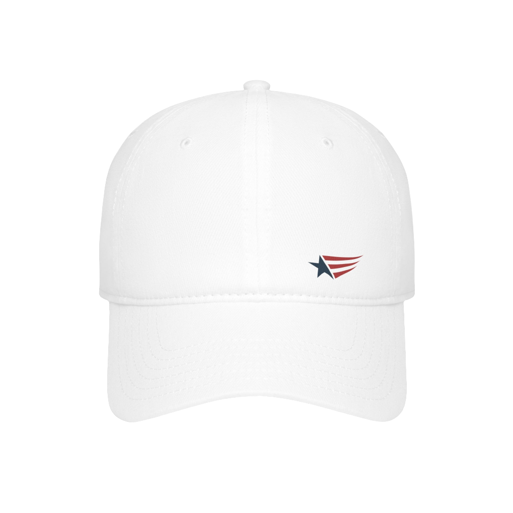A white Gymstar Fitness baseball cap with a structured design and a brand logo. On the front view.