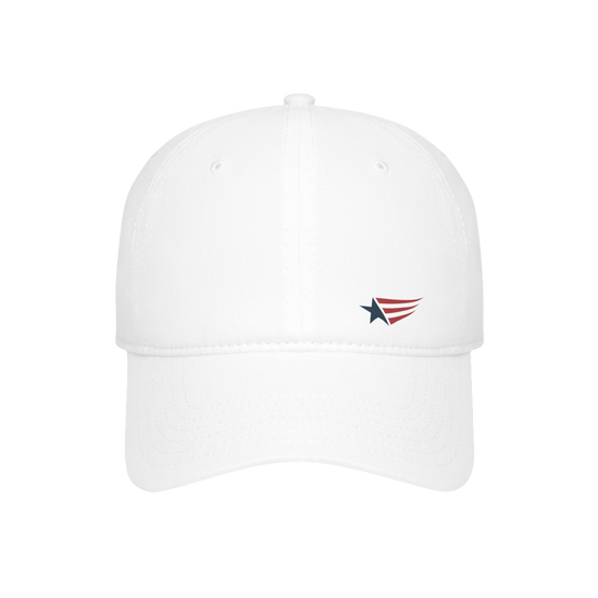 A white Gymstar Fitness baseball cap with a structured design and a brand logo. On the front view.