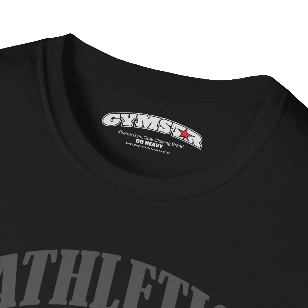 A  black Gymstar t-shirt with a graphic print Athletic and a barbell in the center, designed for fitness and sports. Front logo close up view.