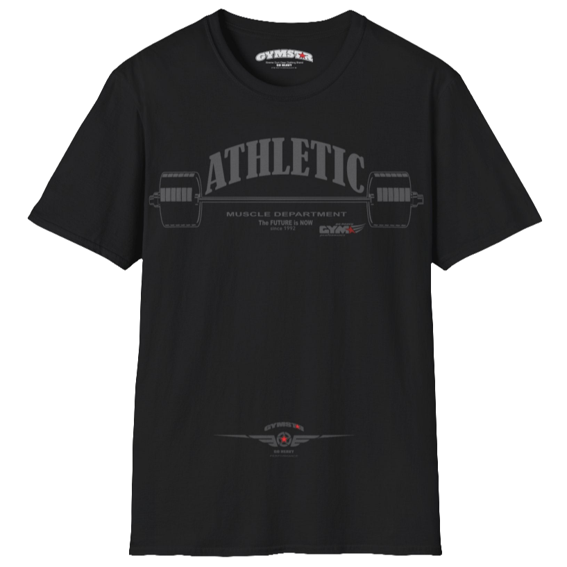 A  black Gymstar t-shirt with a graphic print Athletic and a barbell in the center, designed for fitness and sports. Front  view.