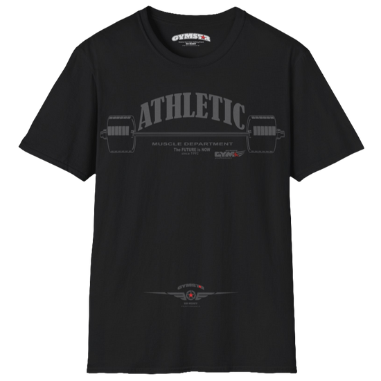 A  black Gymstar t-shirt with a graphic print Athletic and a barbell in the center, designed for fitness and sports. Front  view.