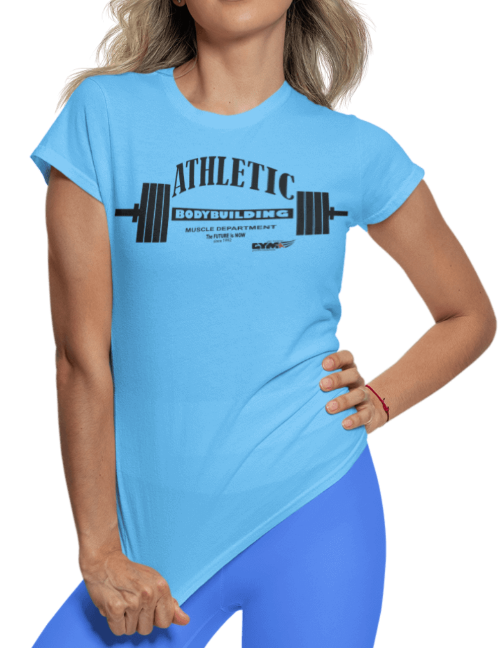 A  woman wearing blue Gymstar t-shirt with a graphic print Athletic and a barbell in the center, designed for fitness and sports. Front close up view.