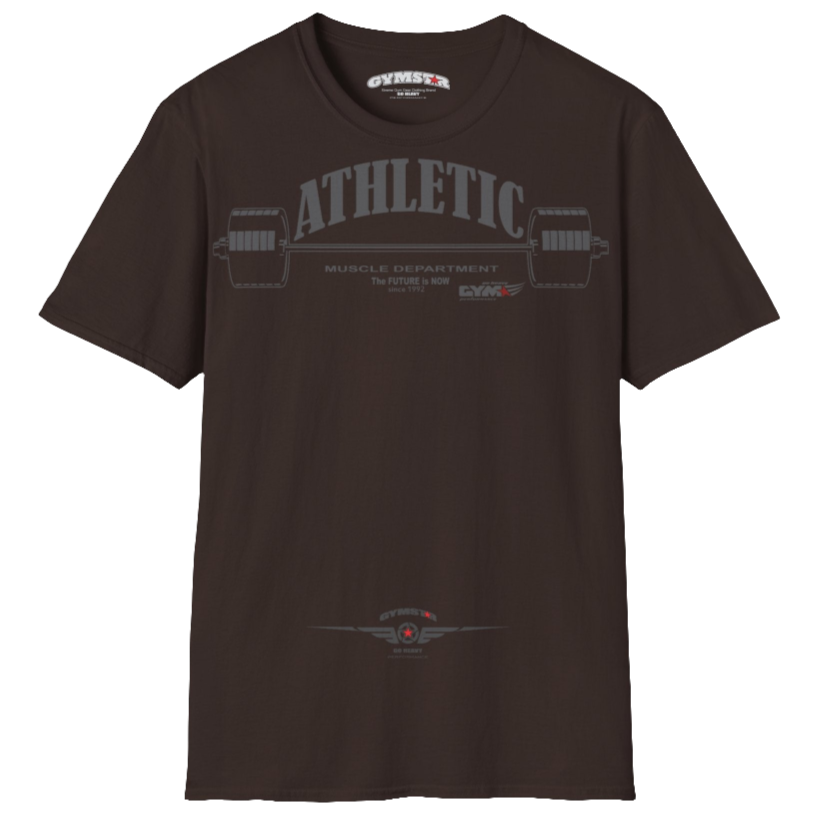 A  brown Gymstar t-shirt with a graphic print Athletic and a barbell in the center, designed for fitness and sports. Front  view.
