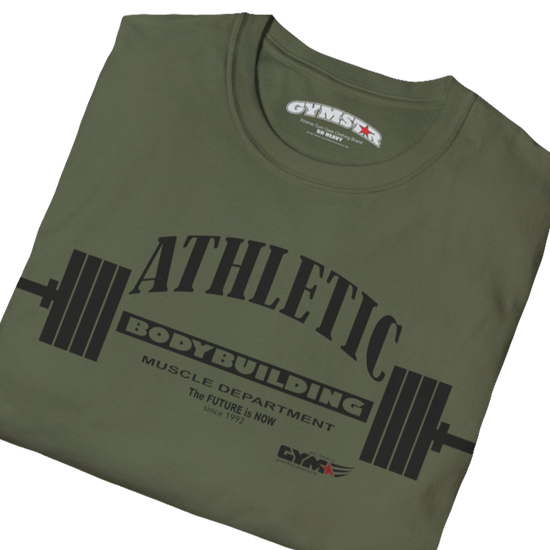 A  military green Gymstar t-shirt with a graphic print Athletic and a barbell in the center, designed for fitness and sports. Front close up view.
