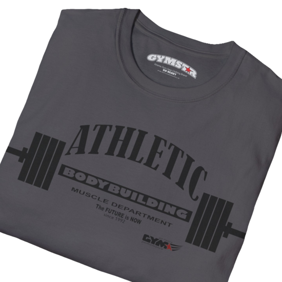 A  sport grey Gymstar t-shirt with a graphic print Athletic and a barbell in the center, designed for fitness and sports. Front close up view.