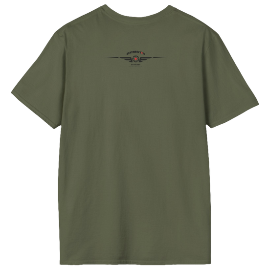 A military green Gymstar t-shirt with a graphic print Athletic and a barbell in the center, designed for fitness and sports. Rare view.