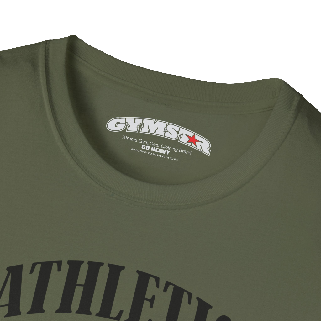 A military green Gymstar t-shirt with a graphic print Athletic and a barbell in the center, designed for fitness and sports. Front logo close up view.