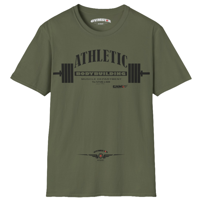 A military green Gymstar t-shirt with a graphic print Athletic and a barbell in the center, designed for fitness and sports. Front  view.