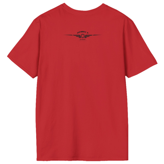 A  red Gymstar t-shirt with a graphic print Athletic and a barbell in the center, designed for fitness and sports. Rear view.