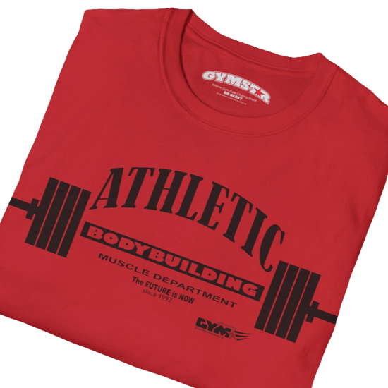 A  red Gymstar t-shirt with a graphic print Athletic and a barbell in the center, designed for fitness and sports. Front close up view.