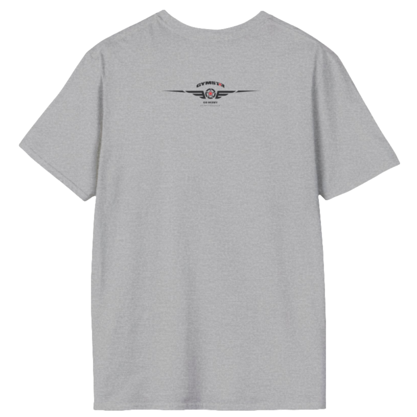 A  silver grey Gymstar t-shirt with a graphic print Athletic and a barbell in the center, designed for fitness and sports. Rear view.