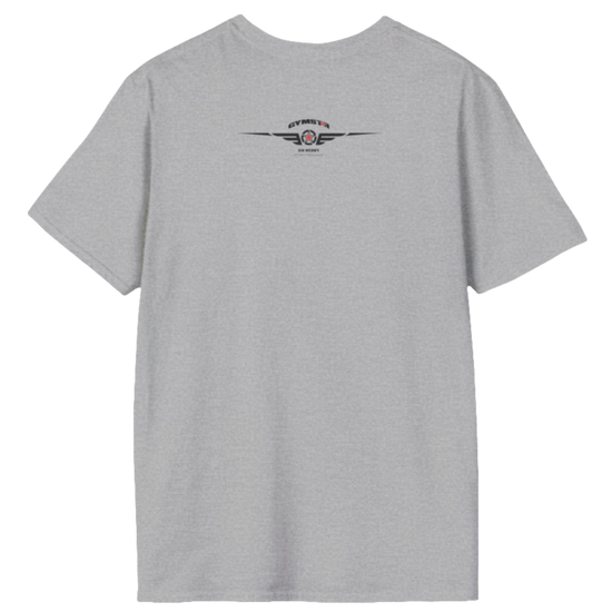 A  silver grey Gymstar t-shirt with a graphic print Athletic and a barbell in the center, designed for fitness and sports. Rear view.