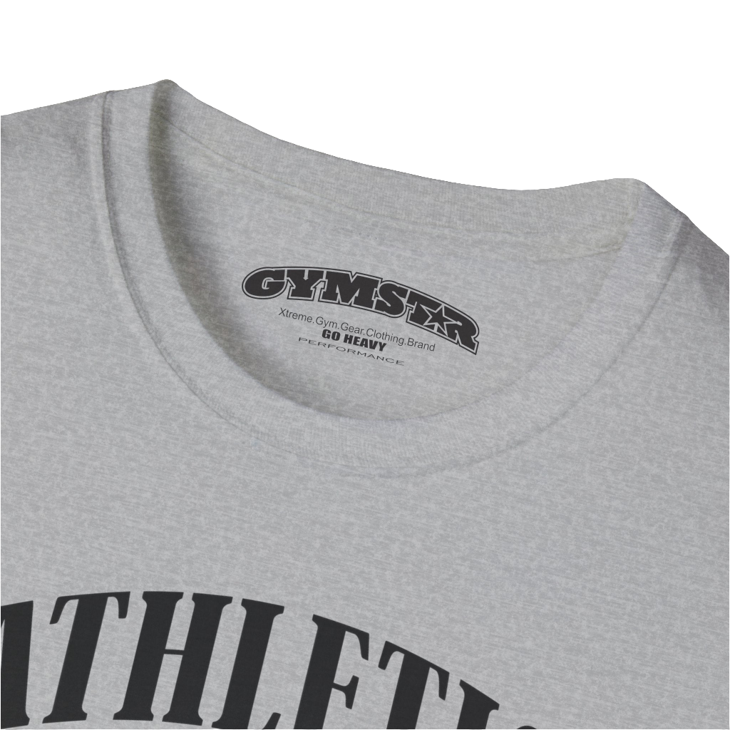 A  silver grey Gymstar t-shirt with a graphic print Athletic and a barbell in the center, designed for fitness and sports. Front close up view.