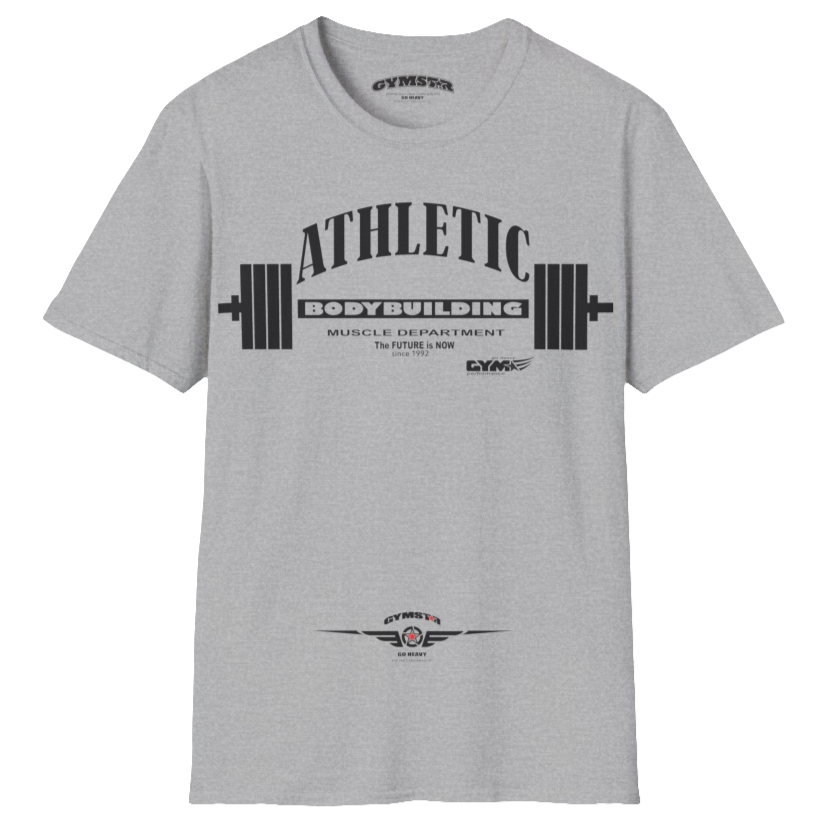 A  silver grey Gymstar t-shirt with a graphic print Athletic and a barbell in the center, designed for fitness and sports. Front  view.