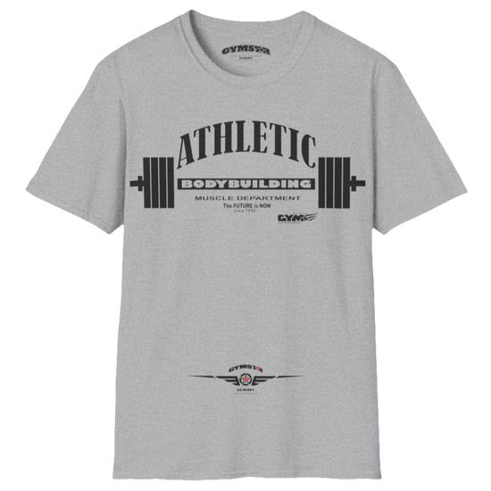A  silver grey Gymstar t-shirt with a graphic print Athletic and a barbell in the center, designed for fitness and sports. Front  view.