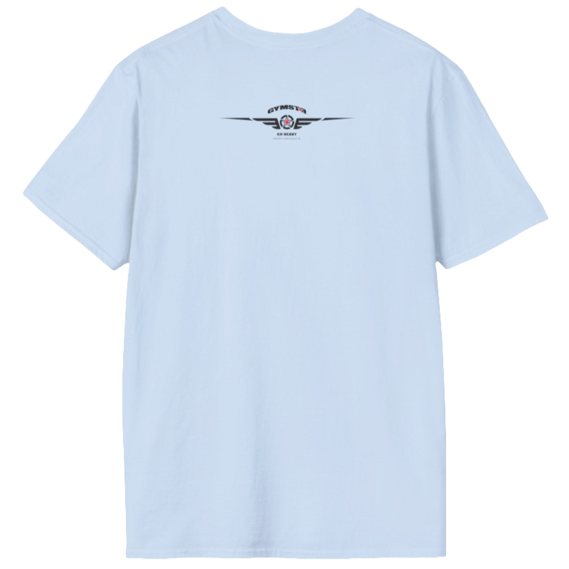 A  Carolina blue Gymstar t-shirt with a graphic print Athletic and a barbell in the center, designed for fitness and sports. Rear close up view.