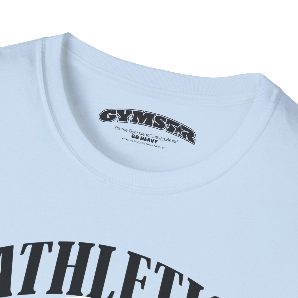 A  Carolina blue Gymstar t-shirt with a graphic print Athletic and a barbell in the center, designed for fitness and sports. Front logo close up view.