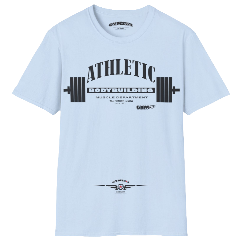 A  Carolina blue Gymstar t-shirt with a graphic print Athletic and a barbell in the center, designed for fitness and sports. Front close up view.