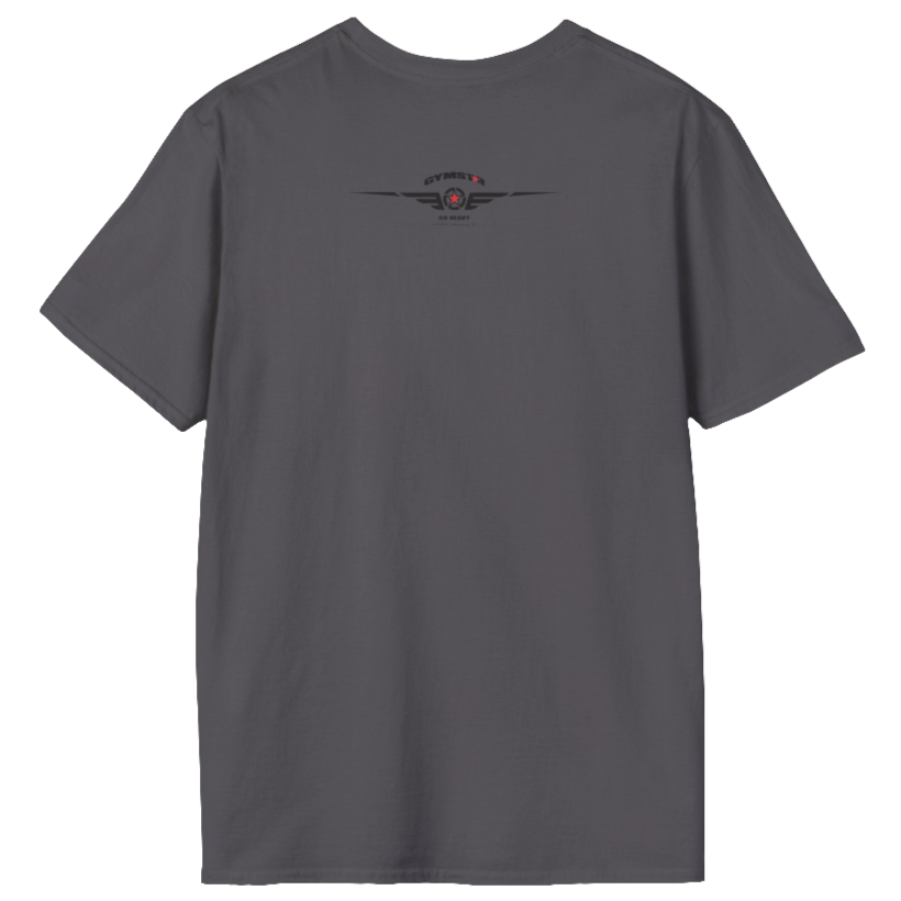 A  Sport grey Gymstar t-shirt with a graphic print Athletic and a barbell in the center, designed for fitness and sports. Rare  view.