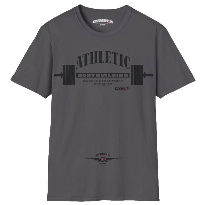 A  Sport grey Gymstar t-shirt with a graphic print Athletic and a barbell in the center, designed for fitness and sports. Front  view.