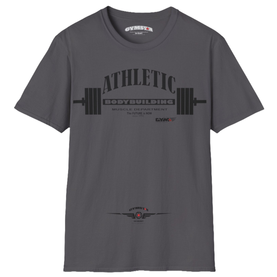 A  Sport grey Gymstar t-shirt with a graphic print Athletic and a barbell in the center, designed for fitness and sports. Front  view.