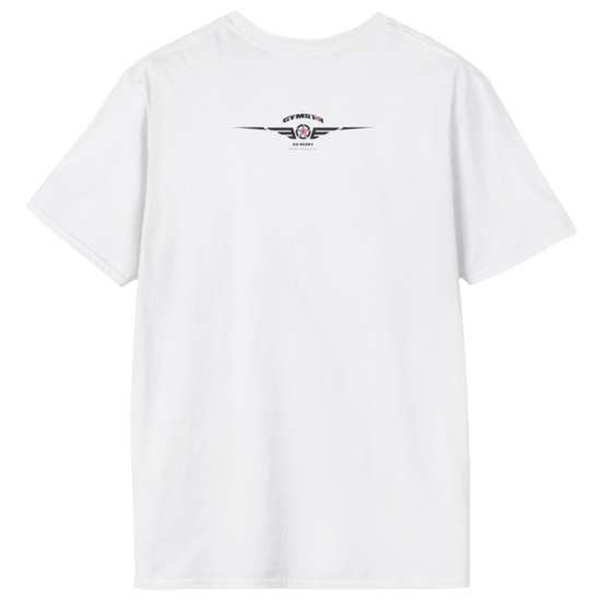 A  white Gymstar t-shirt with a graphic print Athletic and a barbell in the center, designed for fitness and sports. Rare view.