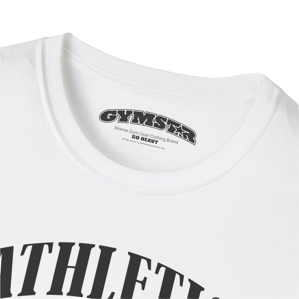 A  white Gymstar t-shirt with a graphic print Athletic and a barbell in the center, designed for fitness and sports. Front logo close up view.