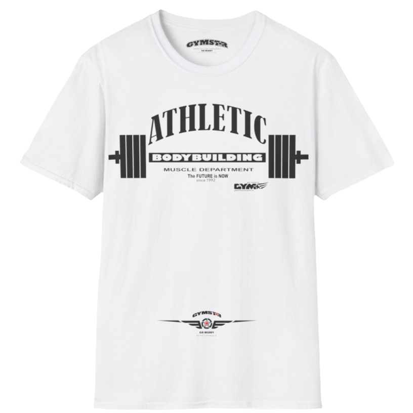 A  white Gymstar t-shirt with a graphic print Athletic and a barbell in the center, designed for fitness and sports. Front  view.