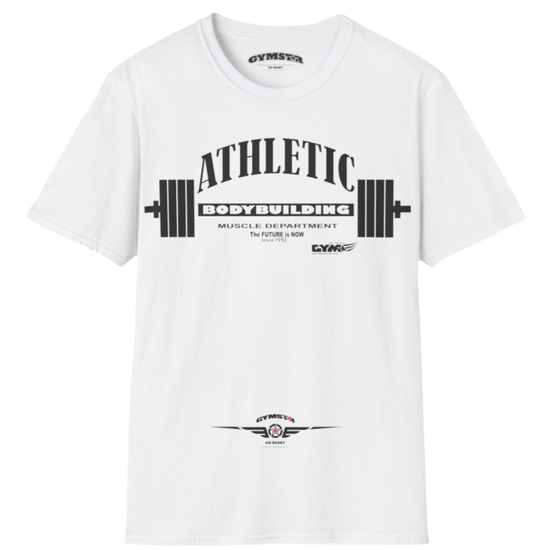A  white Gymstar t-shirt with a graphic print Athletic and a barbell in the center, designed for fitness and sports. Front  view.