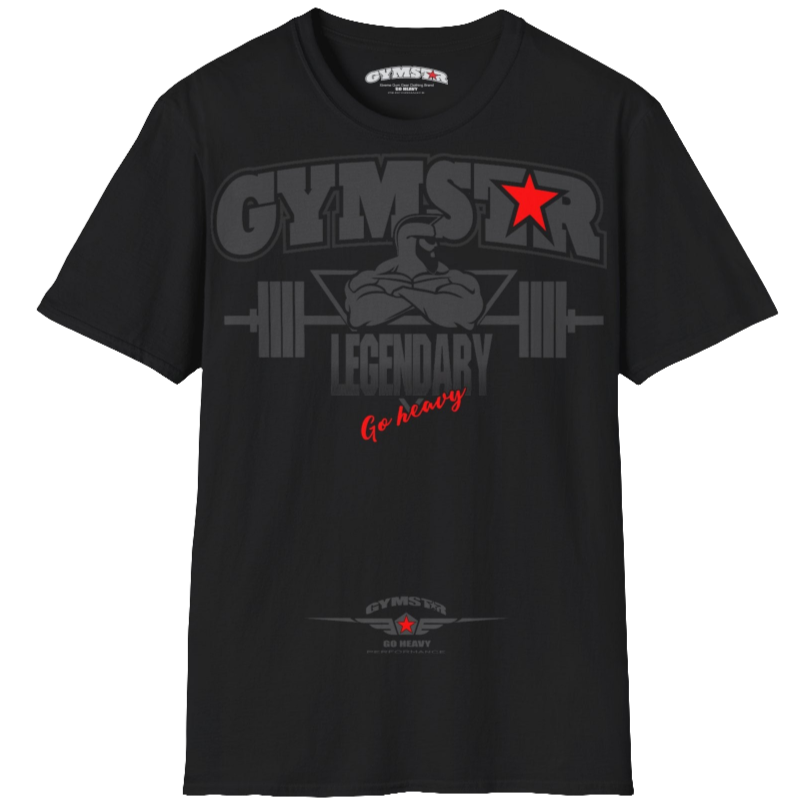 A  black Gymstar t-shirt with a graphic print Bad Attitude and a barbell in the center, designed for fitness and sports. Front  view.