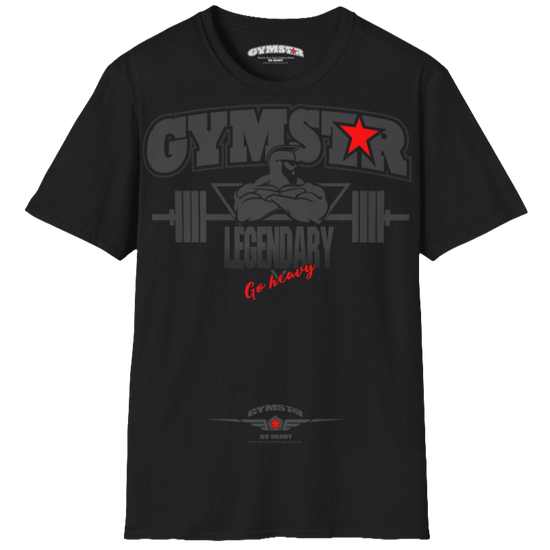 A  black Gymstar t-shirt with a graphic print Bad Attitude and a barbell in the center, designed for fitness and sports. Front  view.