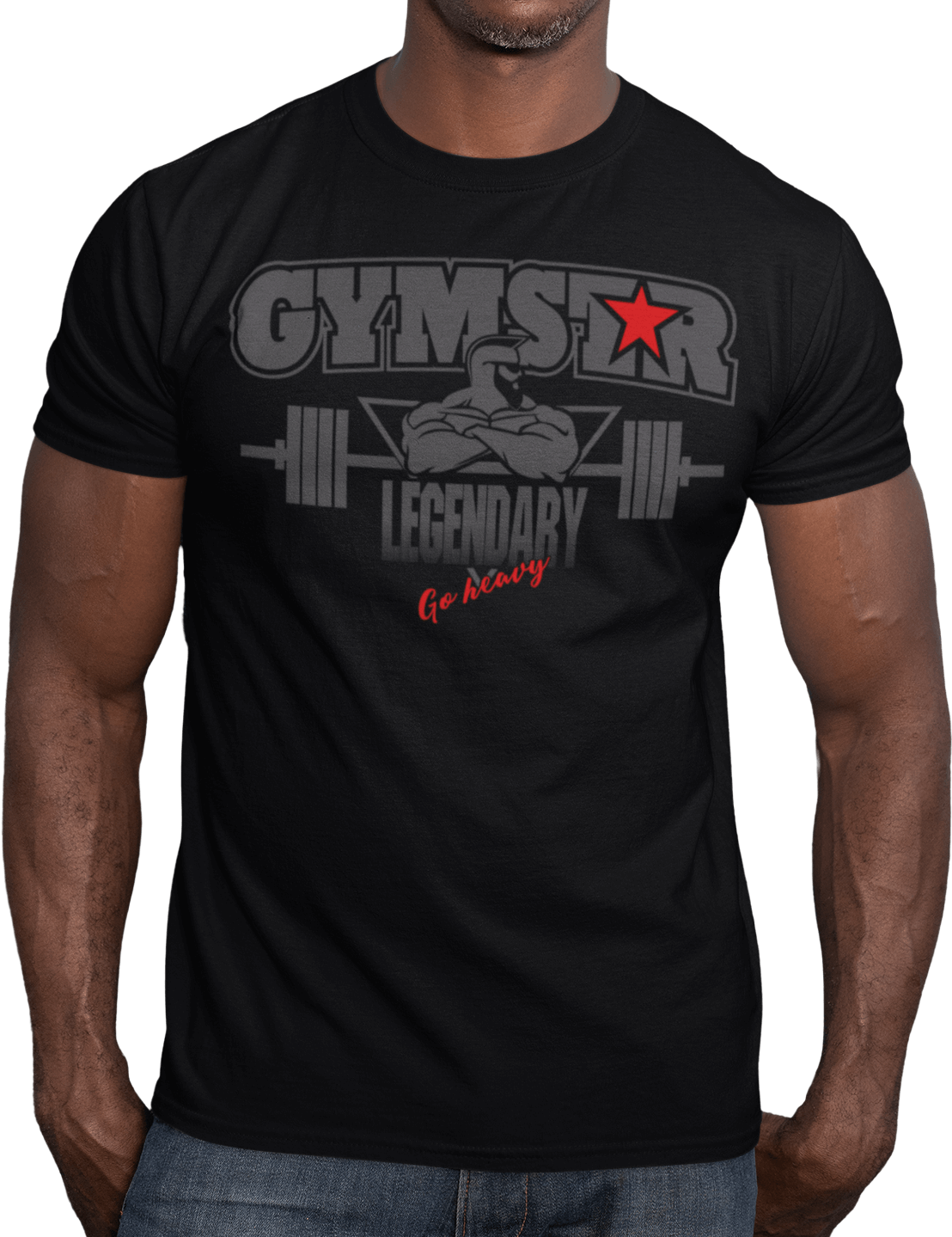 A man wearing black athletic T-shirt GYMSTAR with grey text and graphic on the front reading "LEGENDARY" featuring bodybuilder and barbell illustration, logo above.