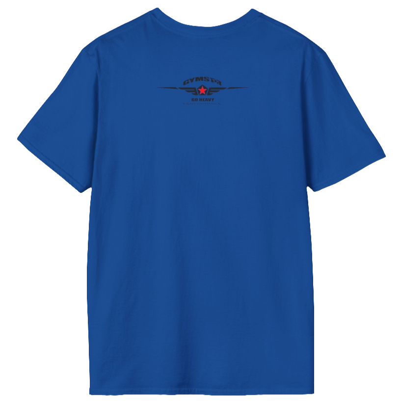 A  blue Gymstar t-shirt with a graphic print Bad Attitude and a barbell in the center, designed for fitness and sports. Front view.