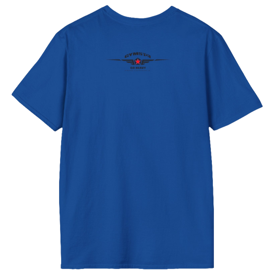 A  blue Gymstar t-shirt with a graphic print Bad Attitude and a barbell in the center, designed for fitness and sports. Front view.