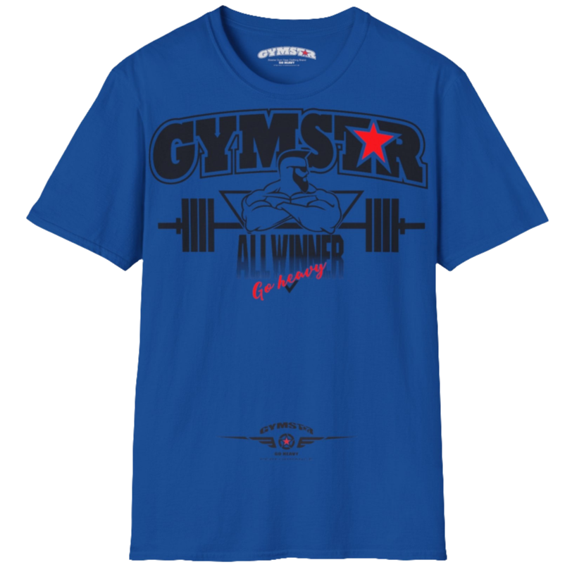 A  blue Gymstar t-shirt with a graphic print Bad Attitude and a barbell in the center, designed for fitness and sports. Front  view.