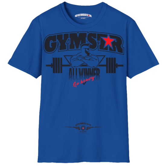 A  blue Gymstar t-shirt with a graphic print Bad Attitude and a barbell in the center, designed for fitness and sports. Front  view.