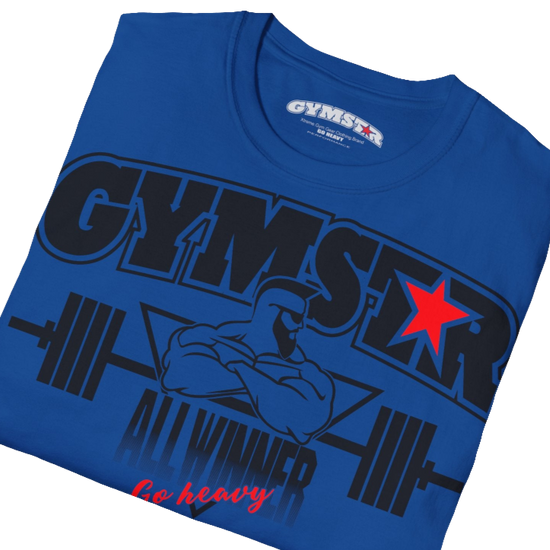 A  blue Gymstar t-shirt with a graphic print Bad Attitude and a barbell in the center, designed for fitness and sports. Front logo close up view.