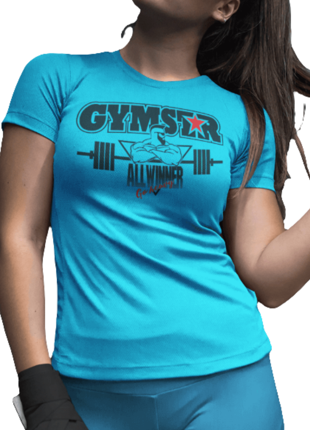 A woman wearing blue Gymstar t-shirt with a graphic print Athletic and a barbell in the center, designed for fitness and sports. Front close up view.