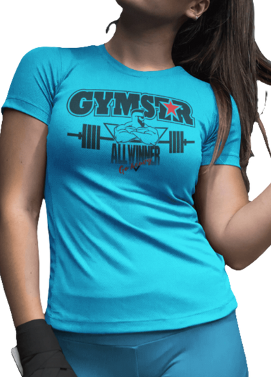 A woman wearing blue Gymstar t-shirt with a graphic print Athletic and a barbell in the center, designed for fitness and sports. Front close up view.