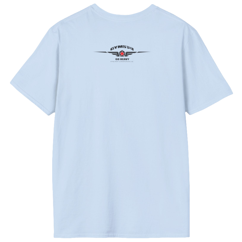 A  carolina blue Gymstar t-shirt with a graphic print Bad Attitude and a barbell in the center, designed for fitness and sports. Rear view.