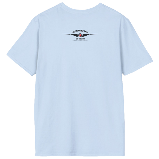 A  carolina blue Gymstar t-shirt with a graphic print Bad Attitude and a barbell in the center, designed for fitness and sports. Rear view.