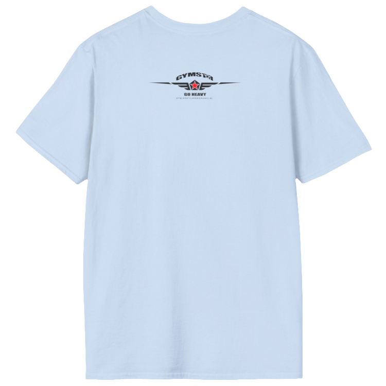 A  carolina blue Gymstar t-shirt with a graphic print Bad Attitude and a barbell in the center, designed for fitness and sports. Rear view.