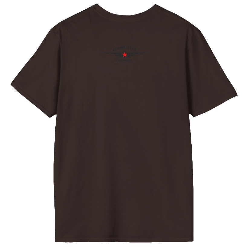 A  brown Gymstar t-shirt with a graphic print Bad Attitude and a barbell in the center, designed for fitness and sports. Rear view.