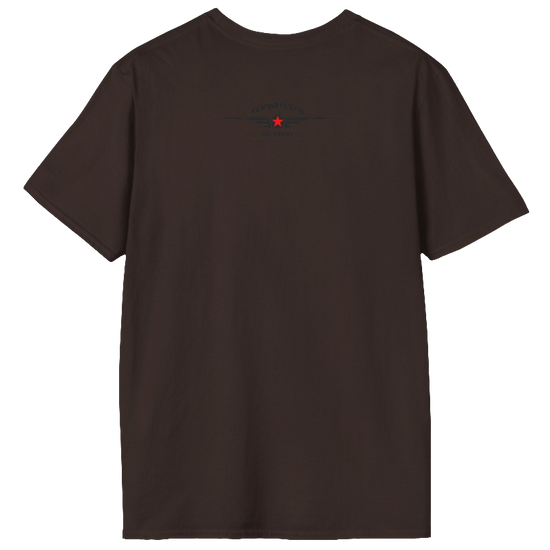 A  brown Gymstar t-shirt with a graphic print Bad Attitude and a barbell in the center, designed for fitness and sports. Rear view.