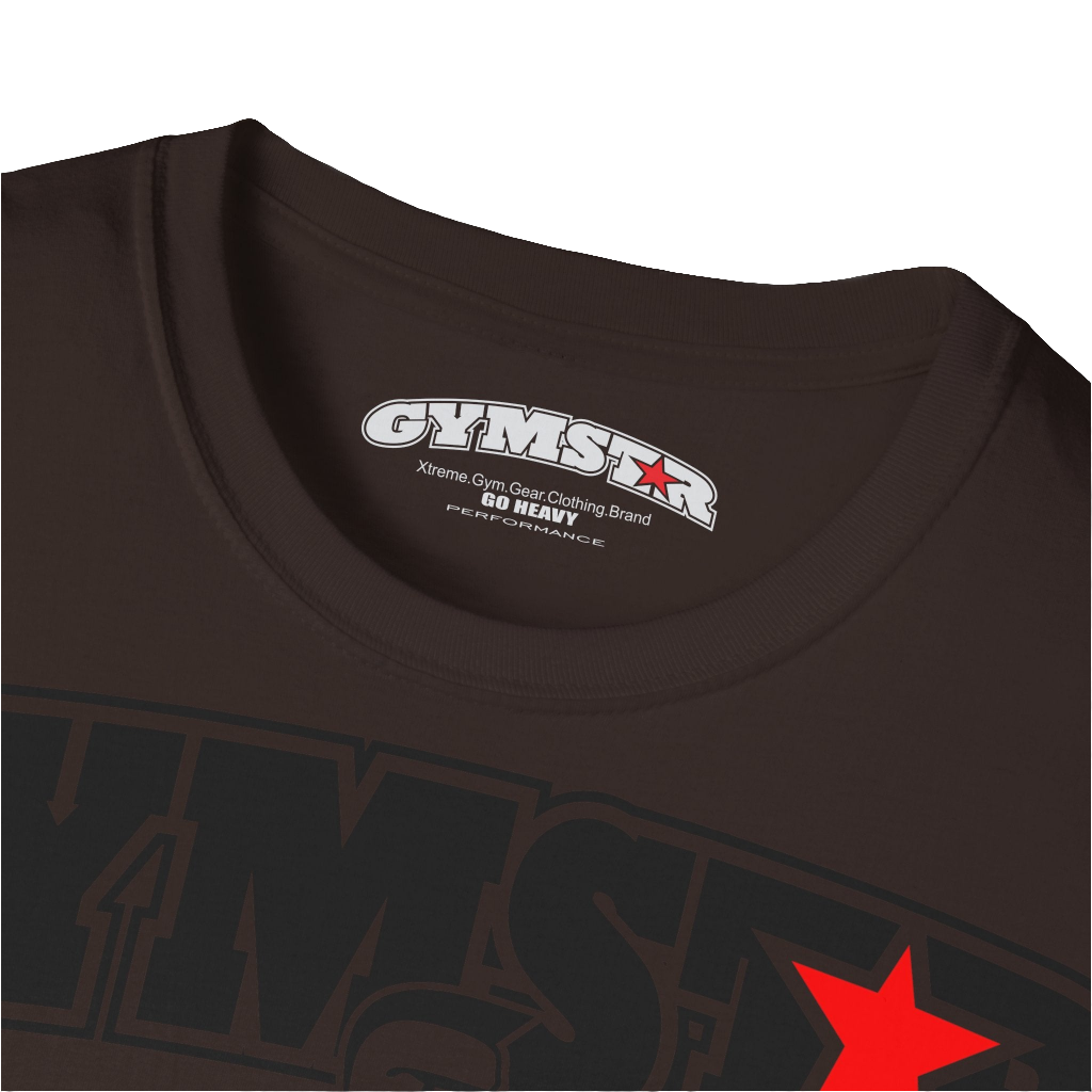 A  brown Gymstar t-shirt with a graphic print Bad Attitude and a barbell in the center, designed for fitness and sports. Front logo close up view.