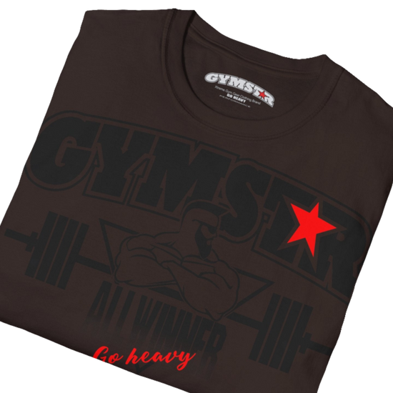 A  brown Gymstar t-shirt with a graphic print Bad Attitude and a barbell in the center, designed for fitness and sports. Front close up view.