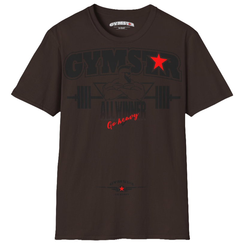 A brown Gymstar t-shirt with a graphic print Bad Attitude and a barbell in the center, designed for fitness and sports. Front  view.