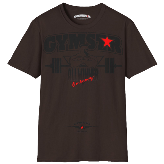 A brown Gymstar t-shirt with a graphic print Bad Attitude and a barbell in the center, designed for fitness and sports. Front  view.