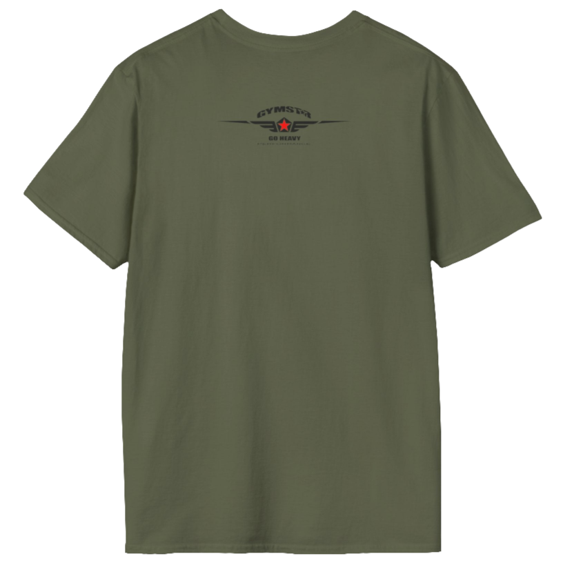 A  military green Gymstar t-shirt with a graphic print Bad Attitude and a barbell in the center, designed for fitness and sports. Rear view.