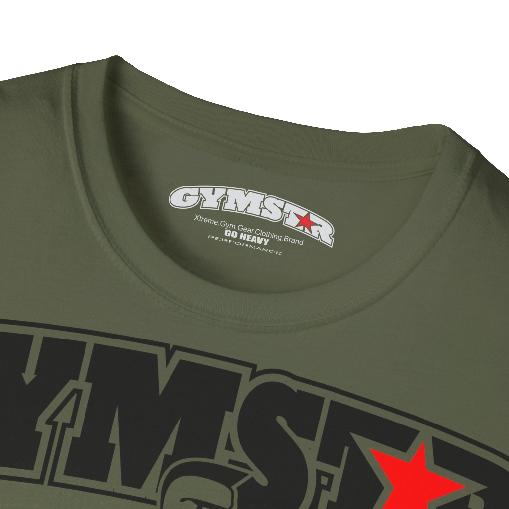 A  military green Gymstar t-shirt with a graphic print Bad Attitude and a barbell in the center, designed for fitness and sports. Front logo close up view.